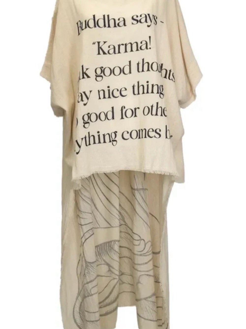 Cream color I Love Linen Hi-Lo Tunic with lettering Karma quote and Buddha